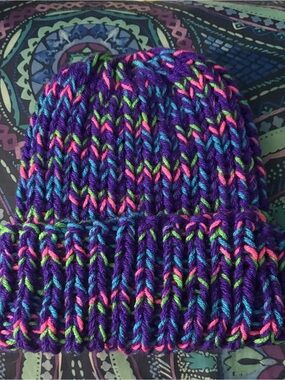 Multicolor Knit Beanie Hat - Purple